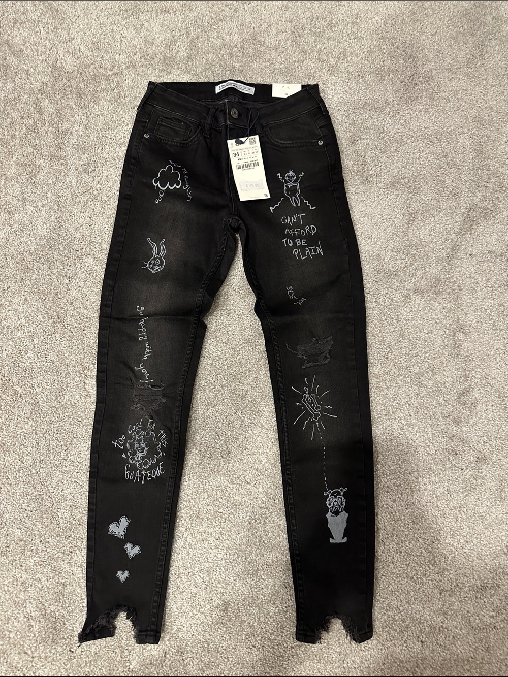 Zara Black Graphic Skinny Jeans with White Sketch Details
